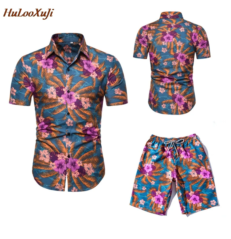 

HuLooXuJi Men Summer Sets Fashion Purple Flower Printed Short Sleeve Shirts +Shorts Two Piece Set Tracksuits US Size:S-2XL