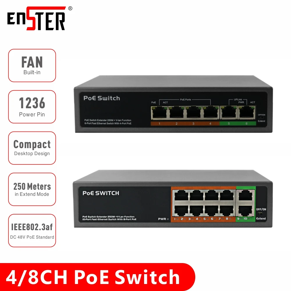 ENSTER 4CH 8CH Настольный дизайн размер ладони супер мини неуправляемый PoE коммутатор для PoE ip-камеры с IEEE802.3af протокол 1236 мощность