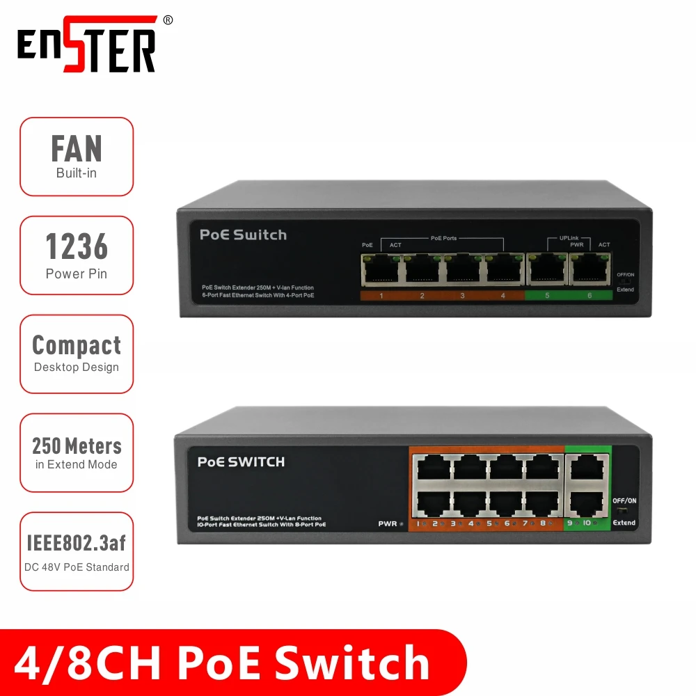 

ENSTER 4CH 8CH Desktop Design Palm Size Super Mini Unmanaged PoE Switch for PoE IP Camera with IEEE802.3af Protocol 1236 Power