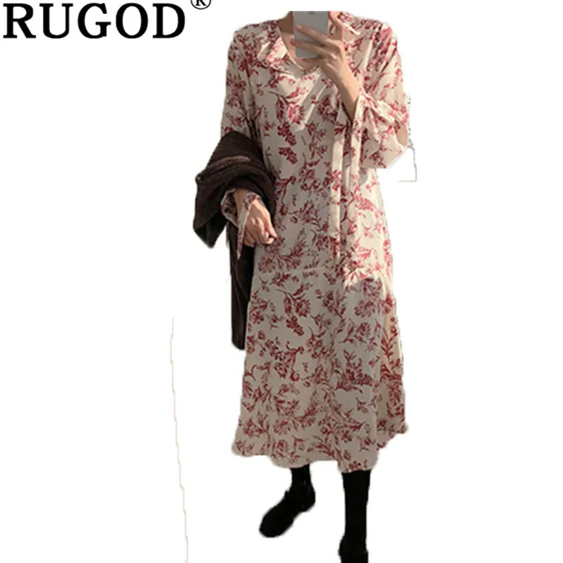 

RUGOD Vintage Women's dress Casual leaf printed Long dress Ruffle V Neck Straight boho beach party dresses Spring summer vestido