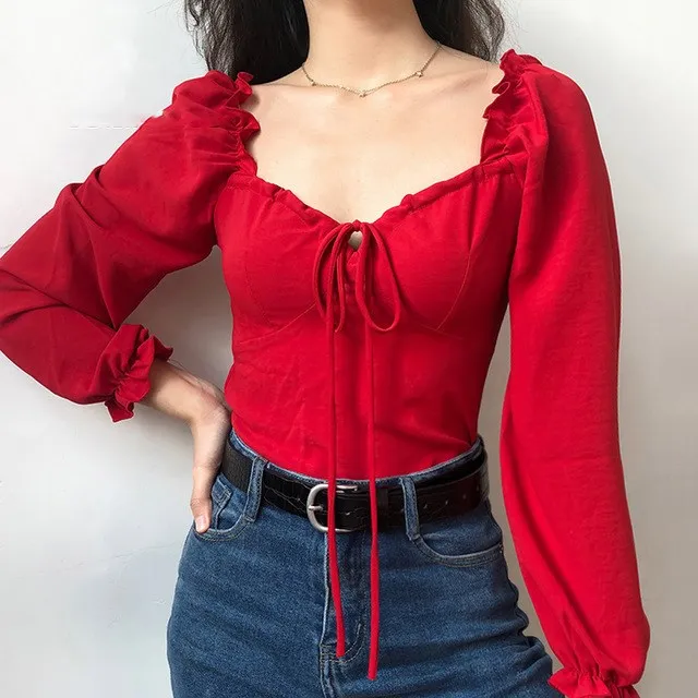 

2019 Summer Women Square Collar Ruffles Solid Shirt Sweet Frill Elastic Lace Up Vintage Blouse Casual Puff Sleeve Top
