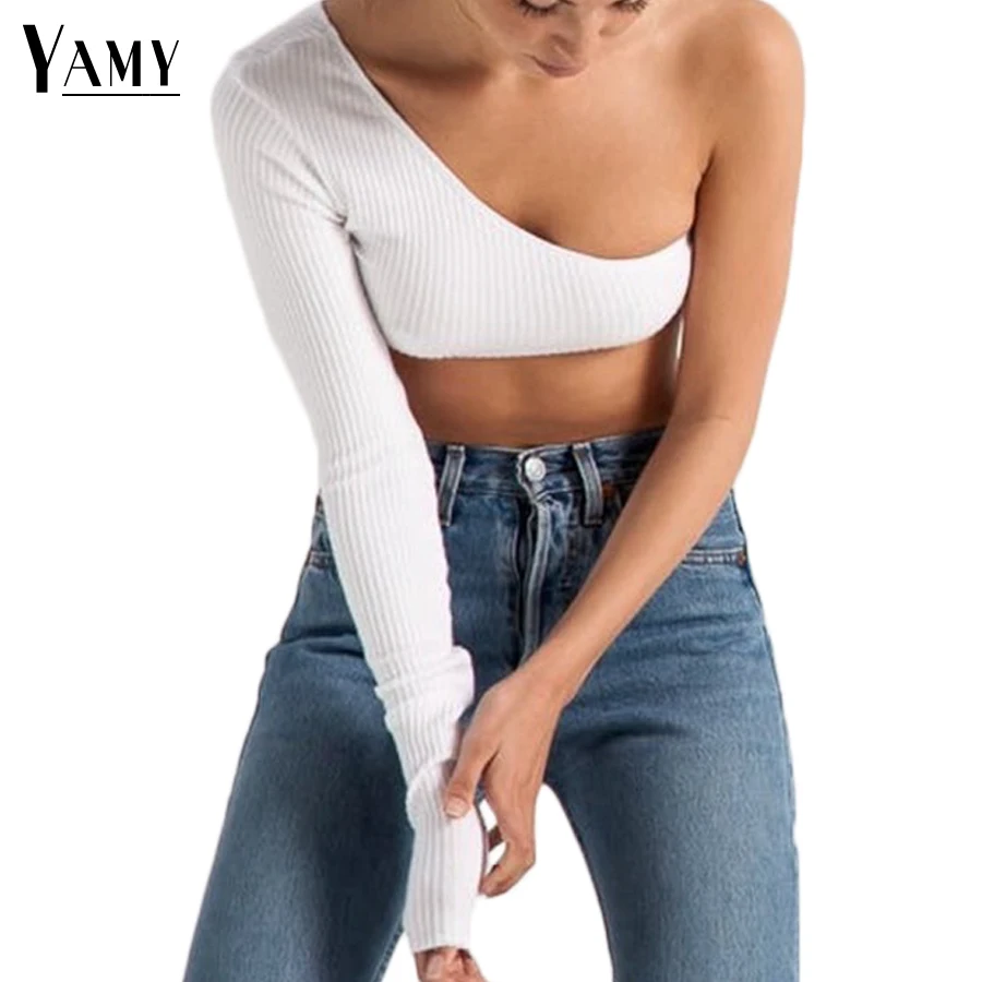 

Summer 2017 new crop top sexy womens t shirts off the shoulder tops for women one long sleeve black white casual punk tshirts