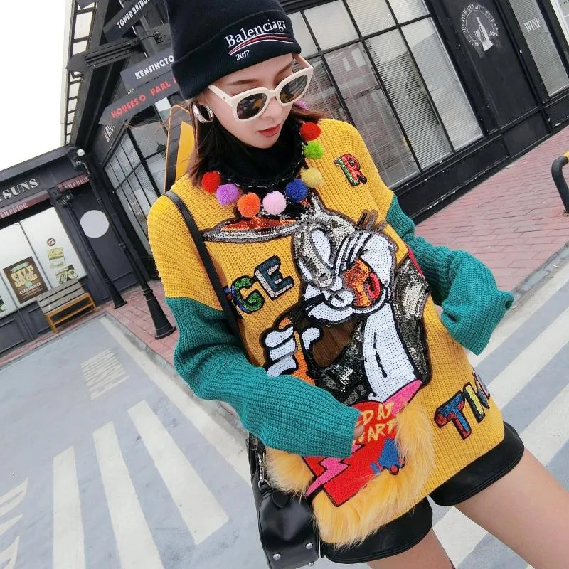 Beste TREND Setter 2017 Herfst en Winter Mode Cartoon Pailletten Trui Vrouwen Brief en Bont Pullover Streetwear