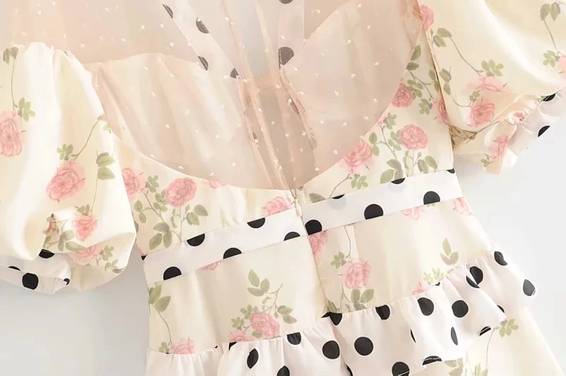 Стильное милое шикарное платье в горошек с цветочным принтом для девочек, мини-платье в стиле пэчворк с оборками на шнуровке, Сексуальное Милое плиссированное платье с v-образным вырезом и сеткой