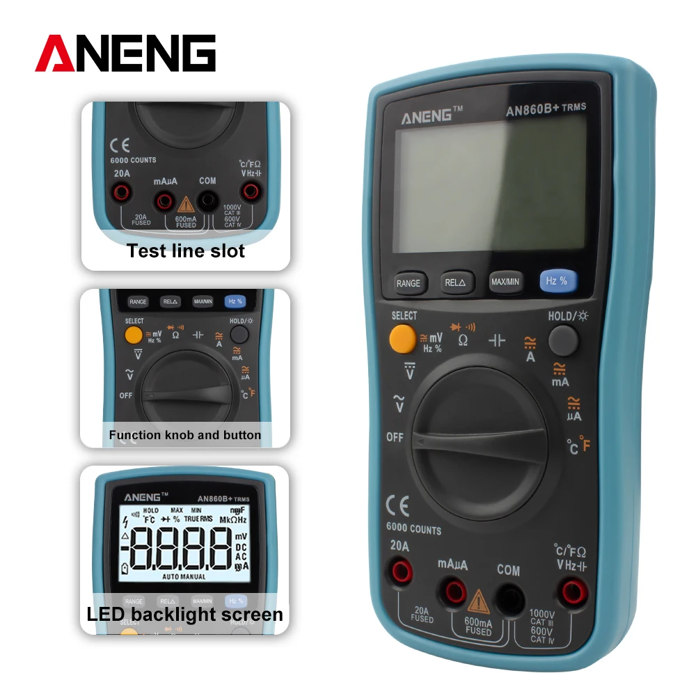 

AN860B+ LCD 6000 Counts Digital Multimeter AC/DC Current Voltage Resistance Frequency Temperature Transistor Tester Multimetro
