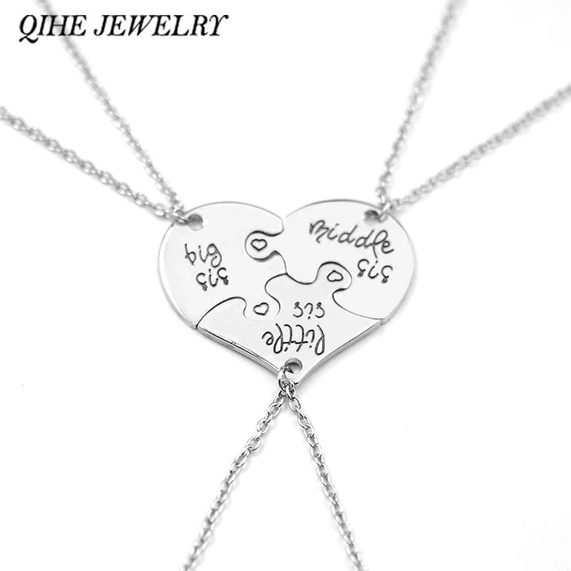Image 3 Piece Heart Personalized Hand Stamped big sis middle sis little sis 3 Sister Necklace Family Jewelry Sisters Gift