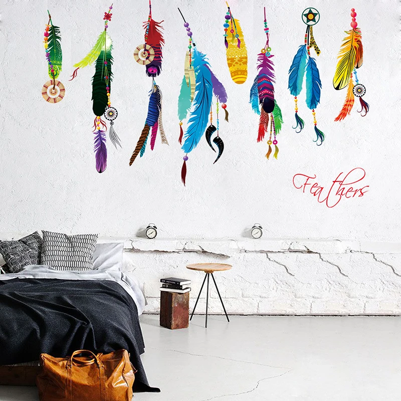 Colorful Dream Catcher Flying Feather Wall Stickers Symbol Home Decor Bedroom Accessories Living Room Decal Mural Art Poster
