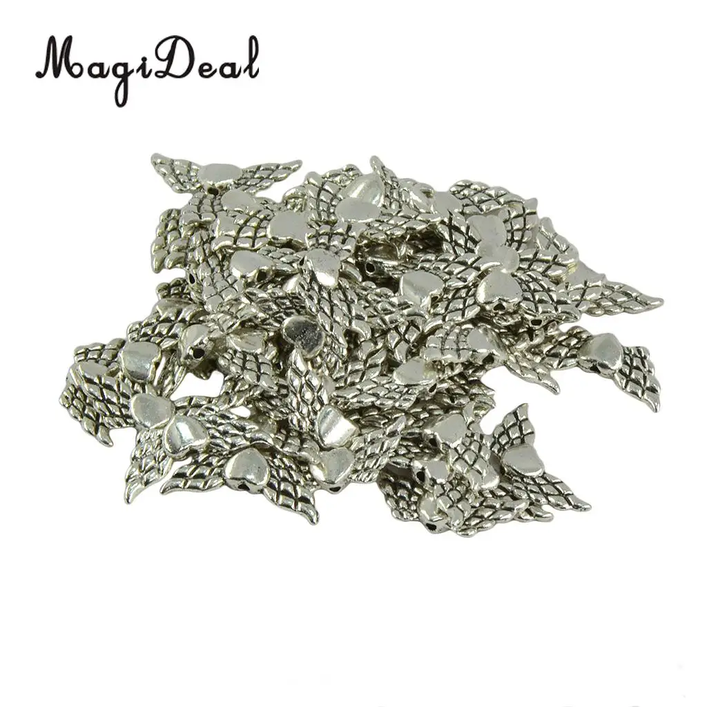 MagiDeal 50 Pieces Tibetan Silver Angel Wing Heart Spacer Beads Jewelry DIY Making Jewelry Pendant Accessories Vintage Tibetan 