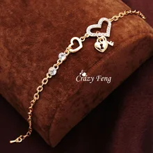 Высокое качество, женские модные блестящие браслеты с австрийскими кристаллами золотистого цвета, женские браслеты в форме сердца, Подарочные ювелирные изделия