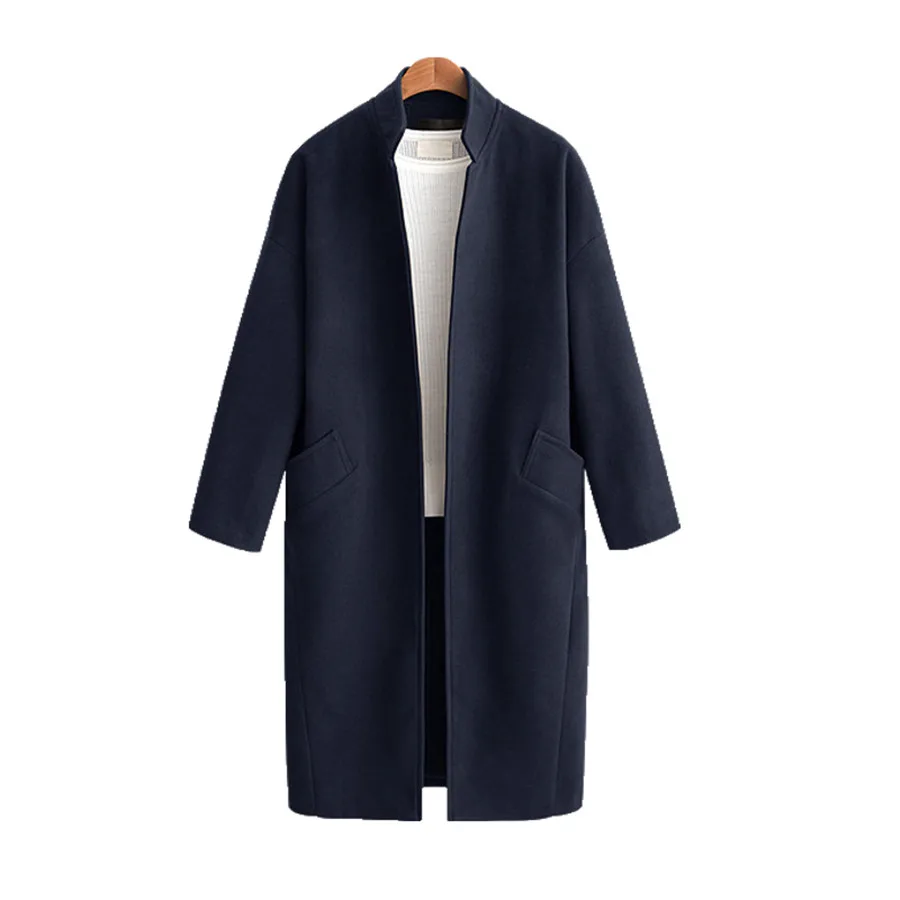 Hodisytian, Зимняя мода, женское длинное шерстяное пальто, элегантное, повседневное, толстый кардиган, одноцветное, женское кашемировое пальто размера плюс 4XL - Цвет: Тёмно-синий