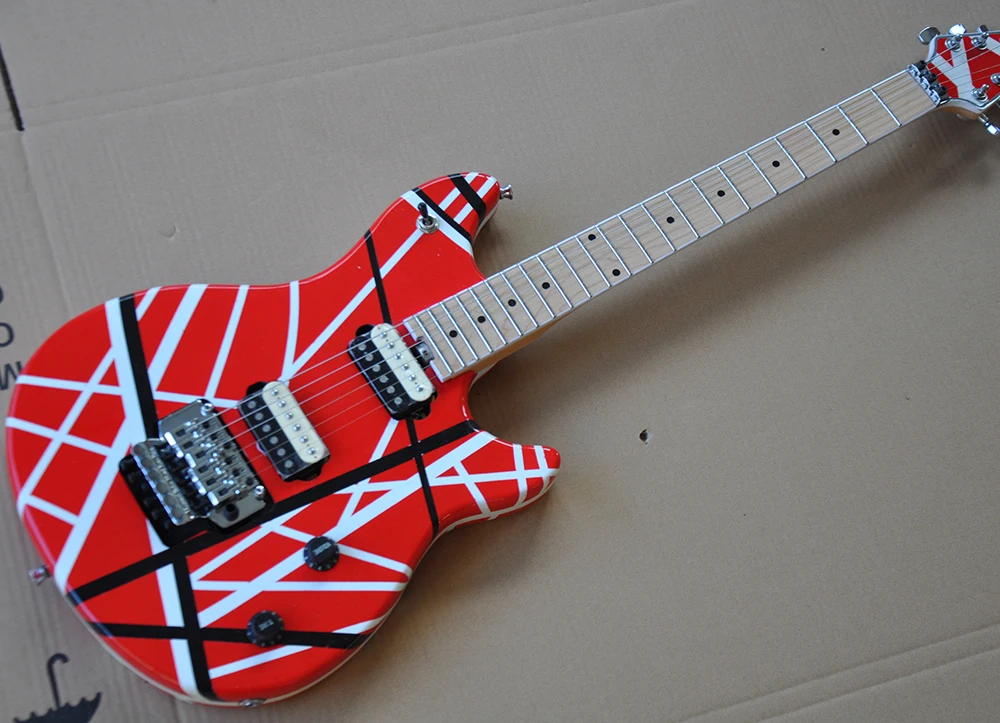 

Red Electric Guitar with White Strips,2H Pickups,Maple Fretboard,Tremolo,Chrome Hardware,offering customized service