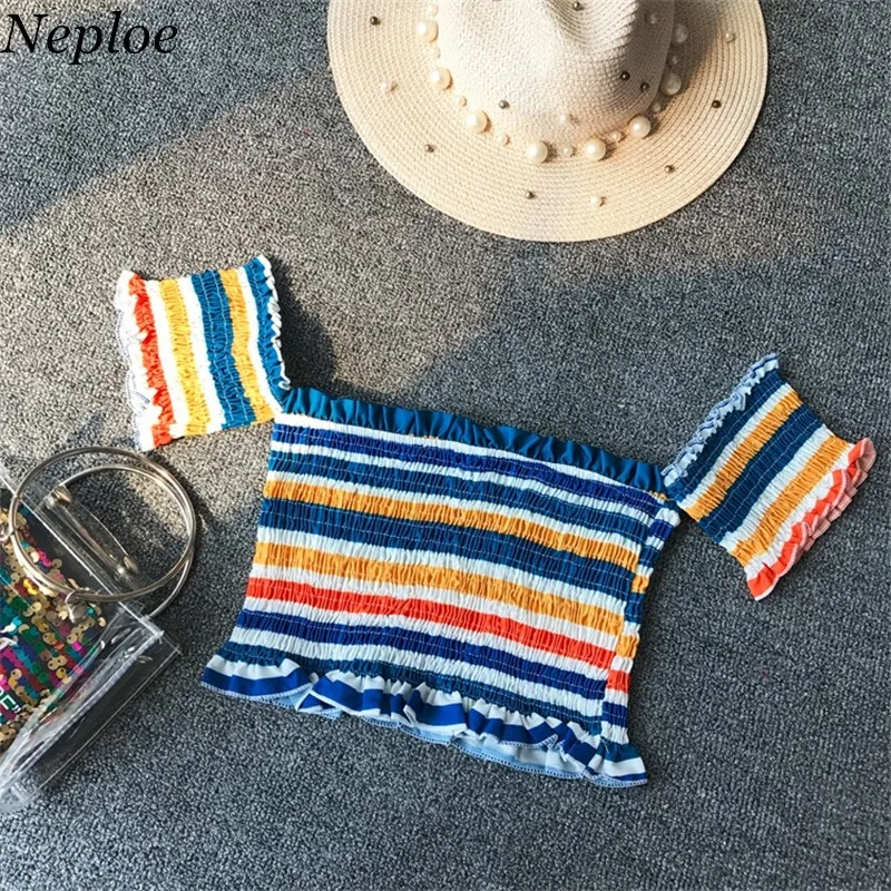 

Neploe 2019 Summer Newly Rainbow Striped Short Women T shirts Slim Elastic Slash Neck T shirt Fashion Tide Tee Crop Top 68055