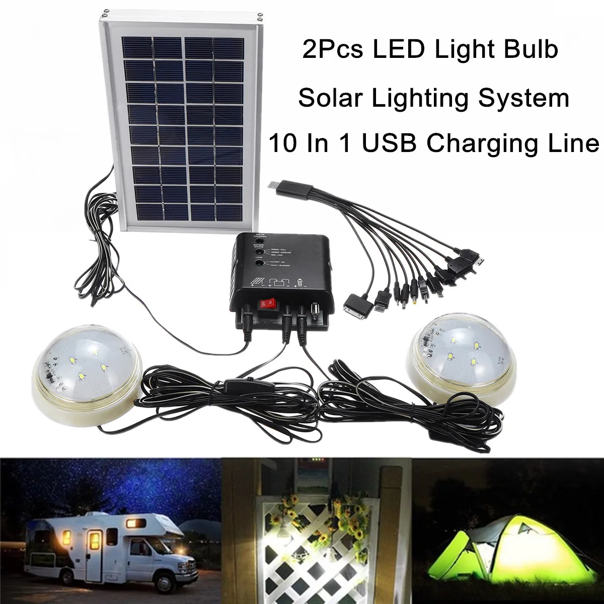 

USB Charger Indoor 2 LED Bulbs Solar Panel Power Generator LED Lighting System Automatic Light Compact Overcharge Protection