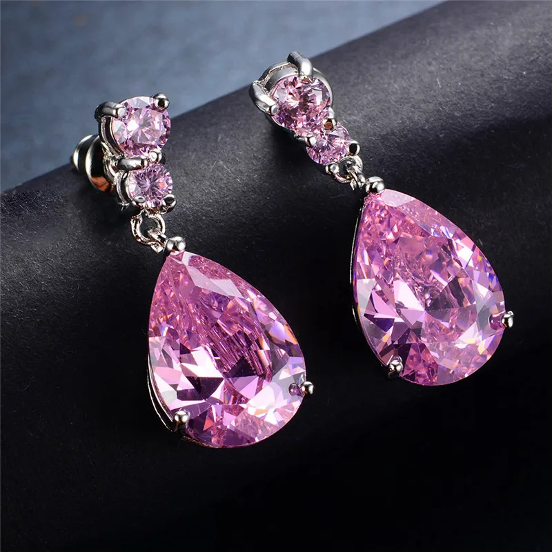 

Luxury Female Crystal Water Drop Earrings Fashion 925 Sterling Silver Dangle Earrings Pink Zircon Stone Earrings For Women