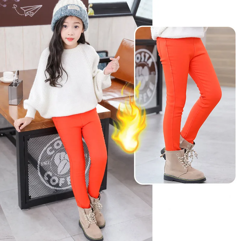 Зимние джинсы для девочек; обтягивающие длинные штаны из плотного бархата; теплые брюки для девочек; леггинсы; Стрейчевые джинсы; джинсовые детские узкие брюки - Цвет: Оранжевый