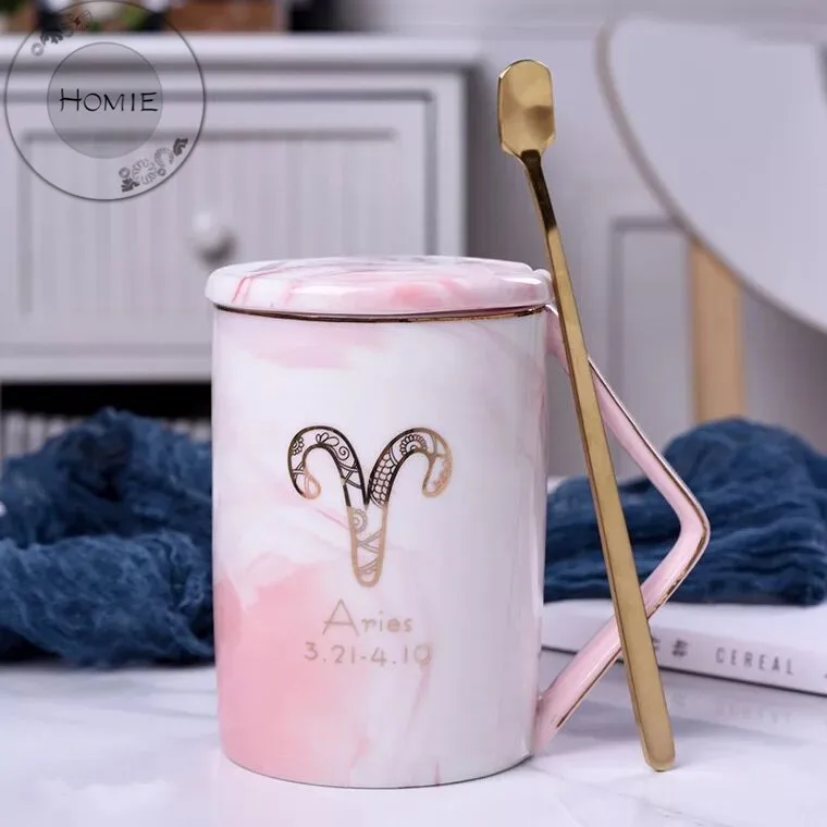 HOMIE Luxury 12 constellation marble cup With lid and spoon Ceramic Coffee Mug 450ml Animal Mugs creative Drinkware Tea milk Cup Newlywed couple gift14