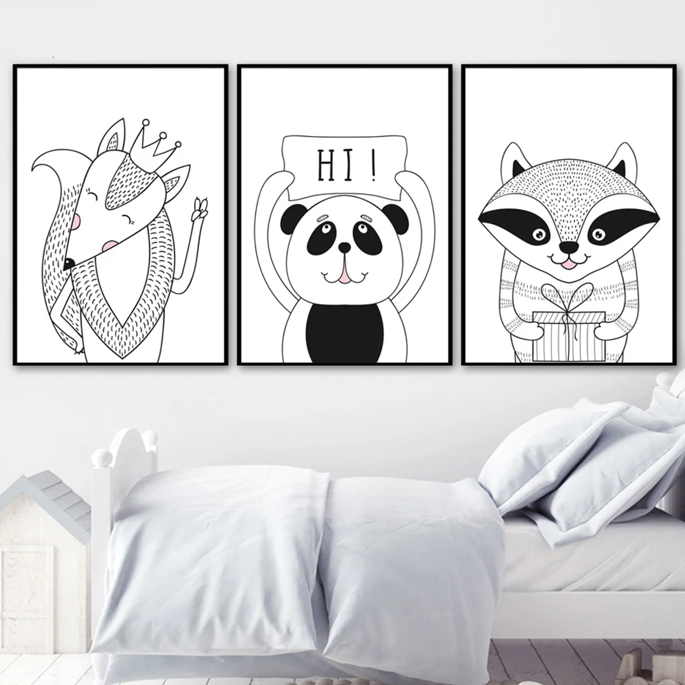 

Black White Cartoon Fox Panda Raccoon Poster Nordic Canvas Painting Prints Wall Art Modular Pictures Home Decor Kids Room