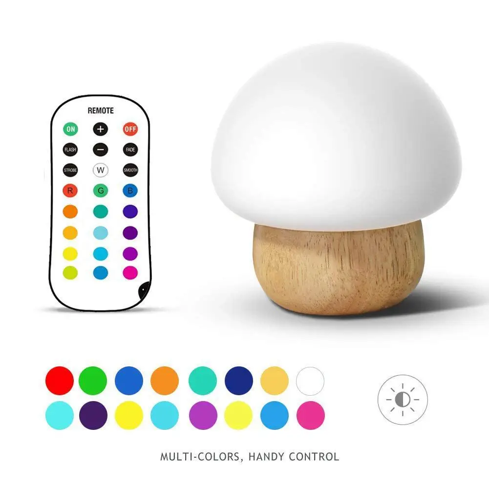 

KARRONG 3W Colorful LED Night Light Wooden Base Silicone Mushroom Sleep Beside Light USB Eyecare Table Lamp with Remote for Kids