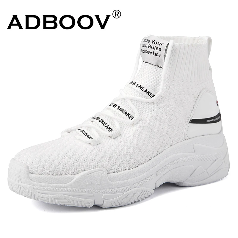 

ADBOOV High Top Sneakers Women Knit Upper Breathable Sock Shoes Woman Thick Sole 5 CM Fashion sapato feminino Black / White