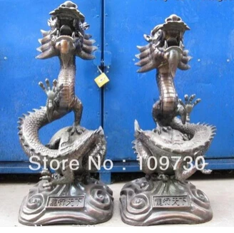 

WBY+++ free shipping Chinese Royal classical Bronze Copper Feng shui Two Dragon Play Bead Pair Statue