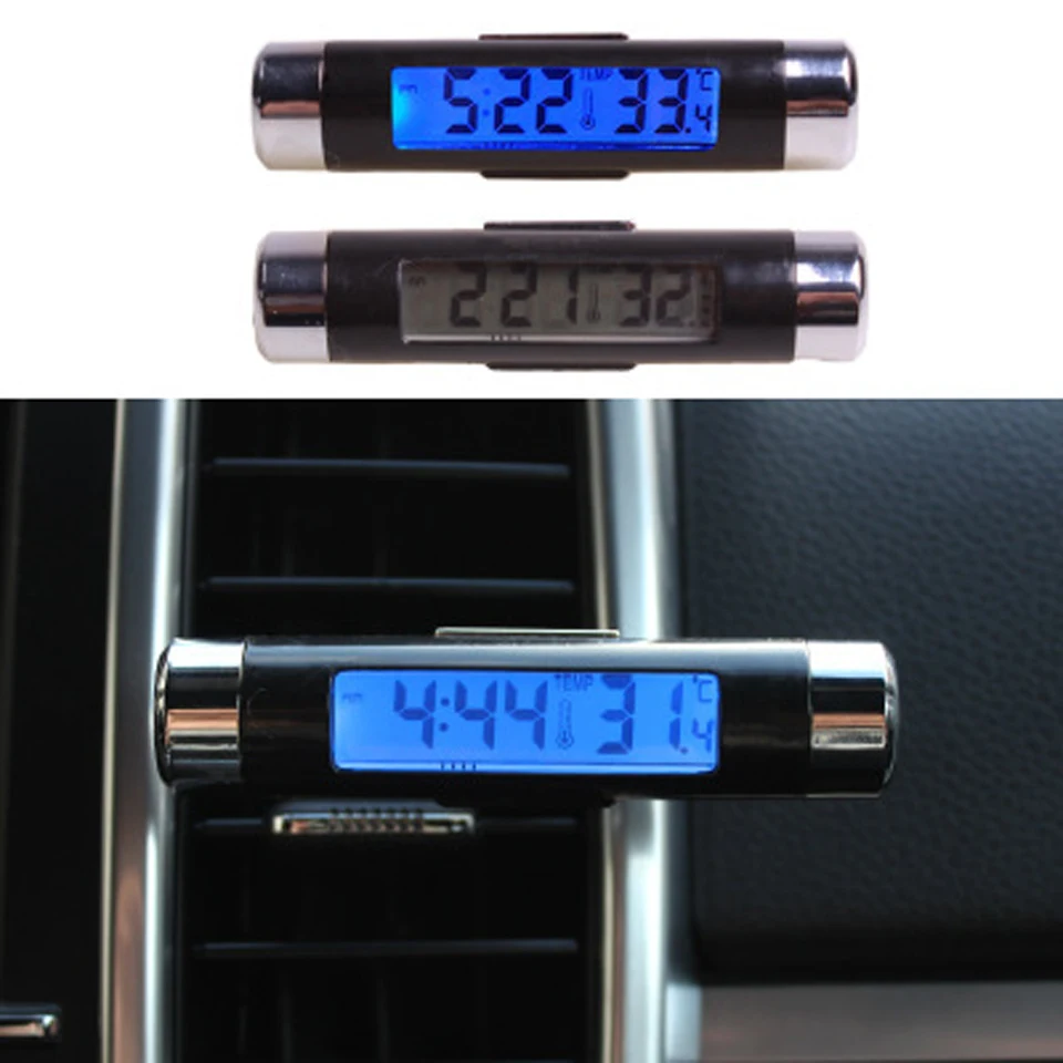 sikeo Digital Backlight Car Thermometer Clock LCD Clip on 2 in 1