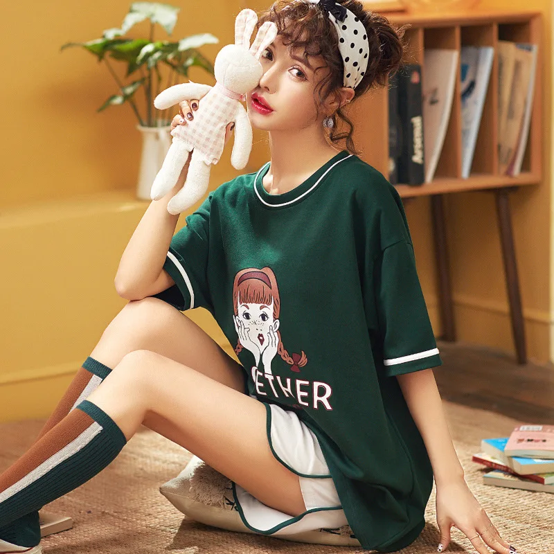 

pajamas set women fashion cotton Pyjamas cartoon print short-sleeved T-shirt+shorts 2pcs lounge wear pijama verano mujer algodon