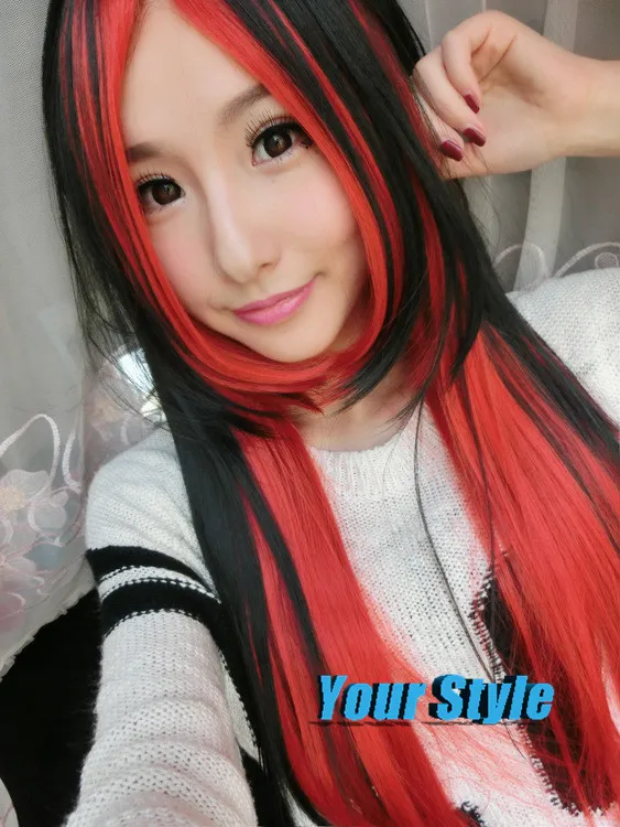 Synthetic Black and Red Wig Cosplay Long Srht Hair Wigs Female ...