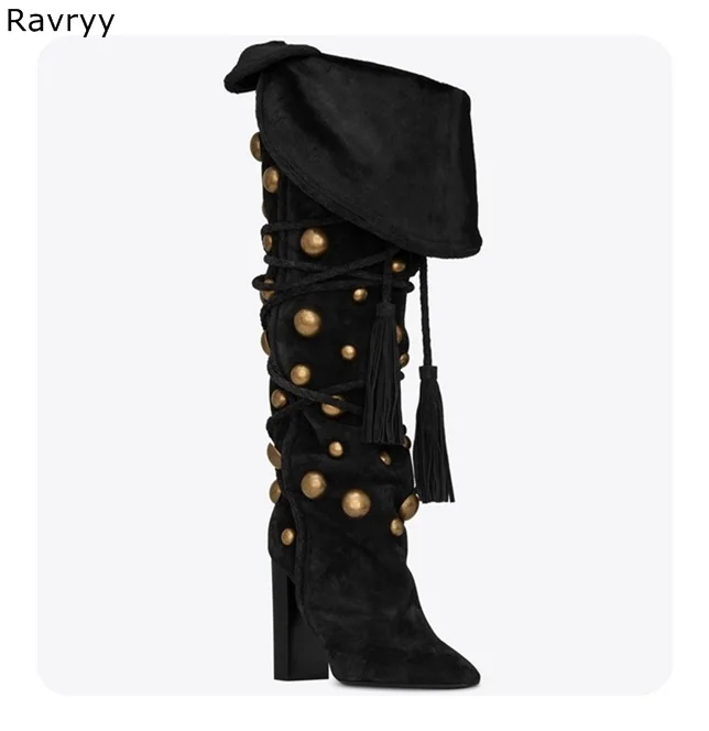 Осень зима Модные кружево до черные замшевые женские высокие сапоги круглый Шипованный высокий квадратный каблук дизайн женская обувь для вечеринок - Цвет: as picture