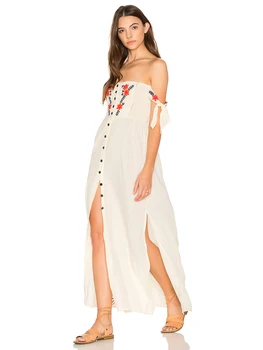 

Boho Floral Embroidery Maxi Dress Women 2019 Summer Clothes Slash Neck Side Split Sexy Dresses Beach Hippie Loose Long Dress