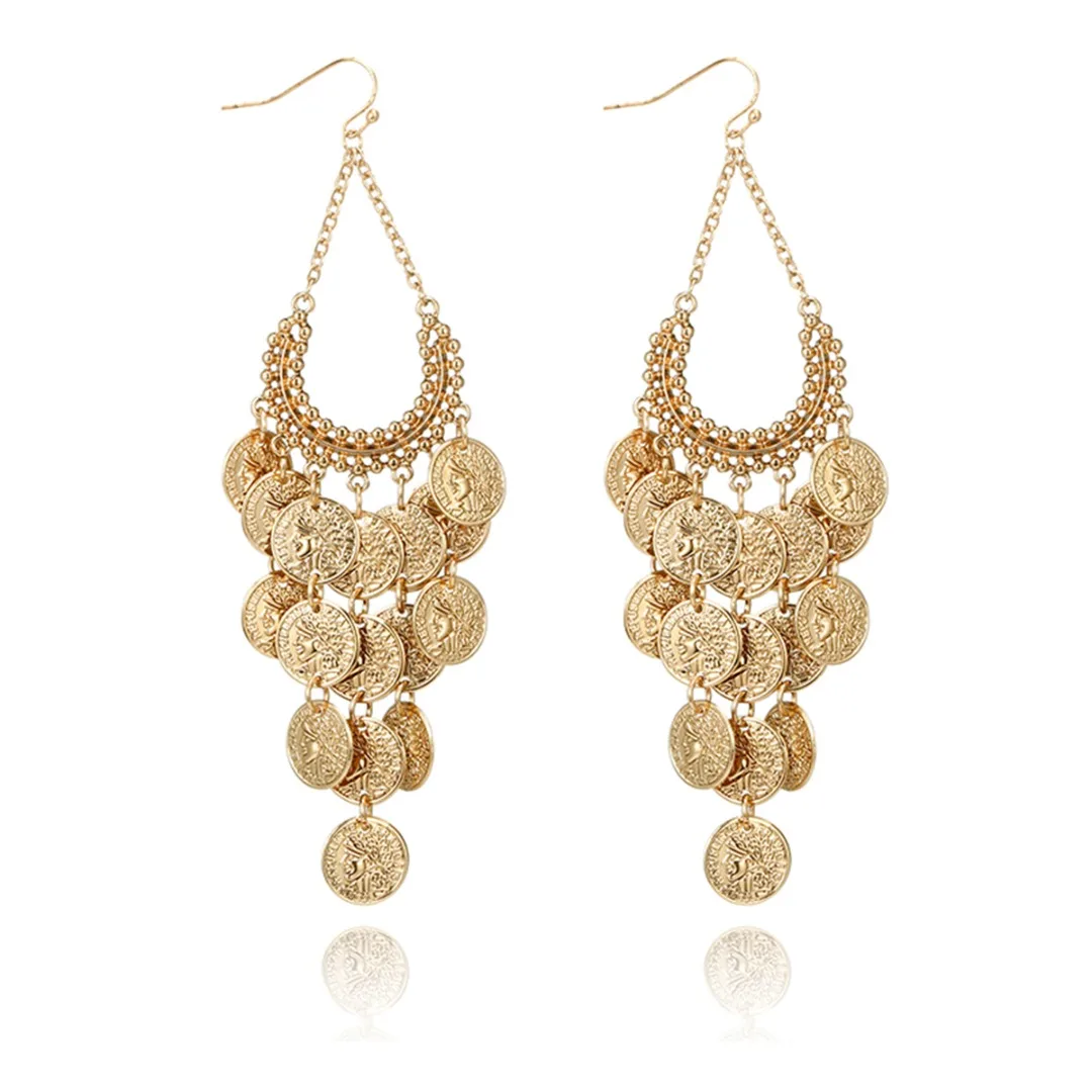 Shellhard Fashion Gold-color Metal Tassel Dangle Earrings Retro Round Multi Disc Long Drop Earring Women Ethnic Indian Jewelry