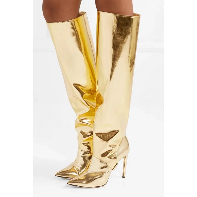 

New stylish women celebrity shoes gold mirror knee high boots two ways of wearing harness high heels boots fashion runway