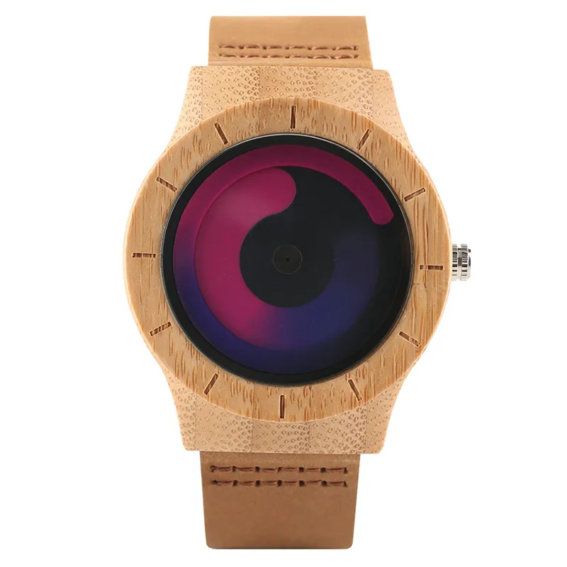 Casual Men Women Wooden Watch Novel Vortex Non-pointer Sport Bamboo Wristwatch Geek Concept Young People Wood Clock Cool Gifts (16)