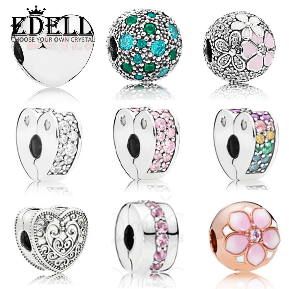 

EDELL 100% 925 Sterling Silver Authentic 1:1 Magnolia Flower Rainbow Zircon Heart Beaded Safety Clip Pan 1:1