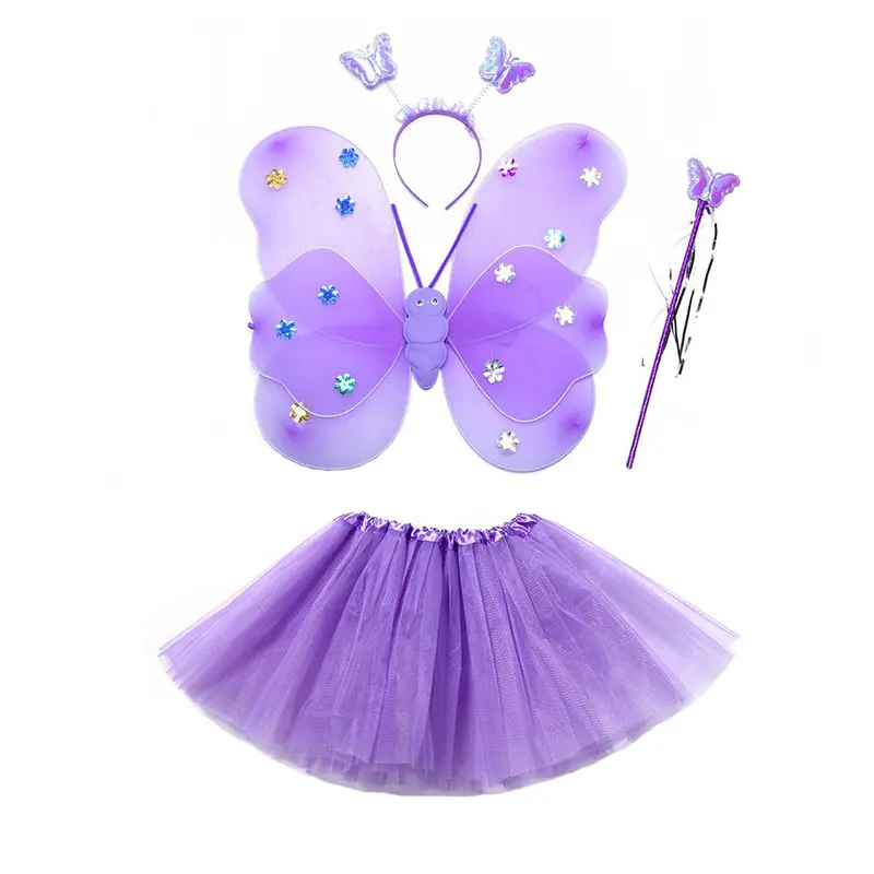 Lavender tutu set Комплект из 4 предметов для маленьких девочек Фея Бабочка костюм комплект с крыльями для бальных танцев юбка-пачка палочка и повязка на голову для девочек мини-юбка принцессы пачки - Цвет: Lavender tutu set