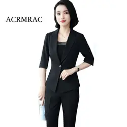 ACRMRAC Для женщин 2018 новый летний сплошной цвет три четверти рукав тонкий куртка брюки Бизнес OL формальные брючный костюм