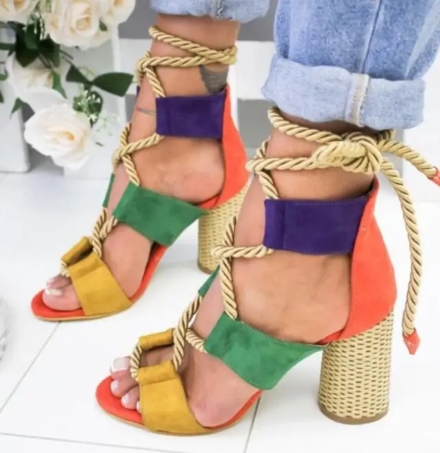 

Women Sandals 2019 Lace Up Summer Shoes Pointed Fish Mouth Heels Shoes For Gladiator Sandals Pumps Hemp Rope High Heels