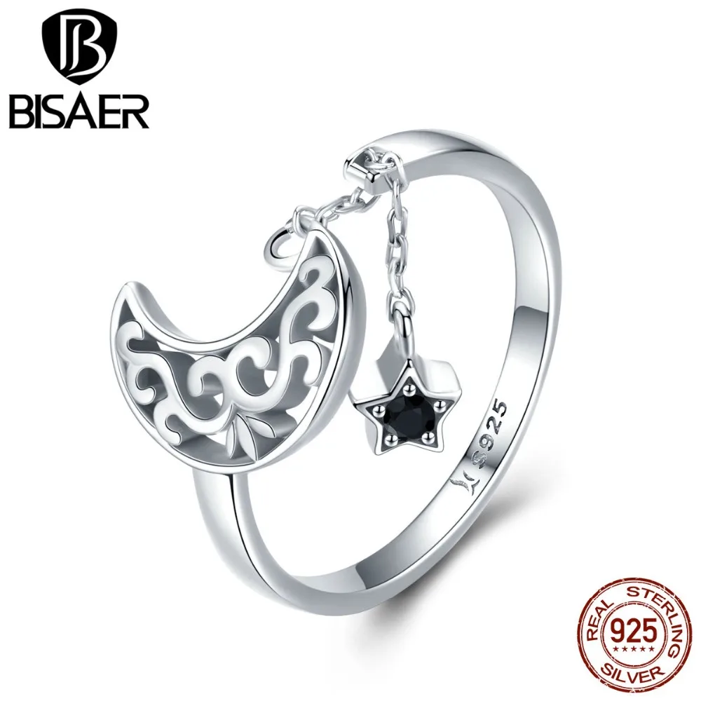 BISAER,, 925 пробы, серебро, черный, циркон, луна, звезда, кольцо на палец, длинная цепочка, звезда, кольца для женщин, Anel, ювелирное изделие ECR479