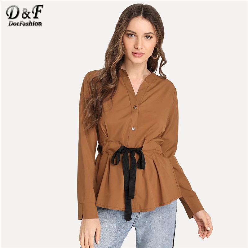  Dotfashion Camel Drawstring Waist Solid Blouse Womens Tops And Blouses Long Sleeve V Neck 2019 Autu