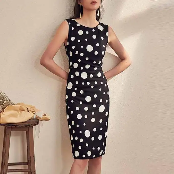 

Dress 2020 Summer Sleeveless Vintage Polka Dot Print Knee Length O Neck Office Lady Work Formal Wear Midi Pencil Dresses Female