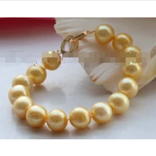 " Подлинная Природный 12 мм Золотой Круглый Браслет Перлы 14KGP# f1678! Благородный стиль Природный Изысканные jewe Быстро