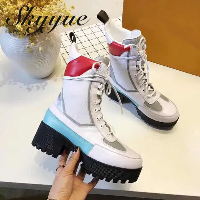 

SKYYUE Genuine Leather Gladiator Lace Up Women Boots Round Toe Thick Heel Platform Women Ankle Boots Shoes Women