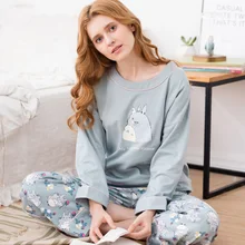 Ruishi пижамный комплект женщина стильная футболка с изображением персонажей видеоигр с рисунком из чистого хлопка; зимняя женская пижама с круглым воротником, длинные рукава, брюки, домашняя одежда