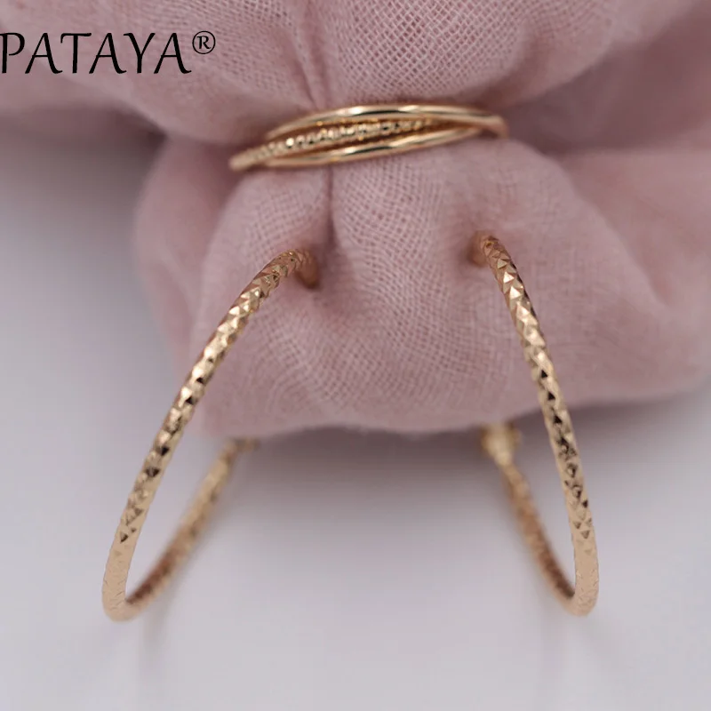 

PATAYA New Arrivals Unique Tricyclic Rings Big Round Earrings Sets Women Wedding Party Bride 585 Rose Gold Jewelry Accessories