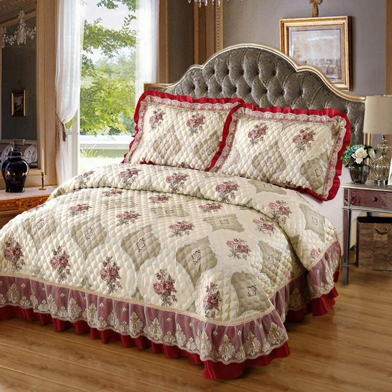 Wine Red Beige Luxury European Style High Quality Jacquard Fabric Lace edge Thick Blanket Bedspread Bed sheet pillowcases 3pcs | Дом и сад