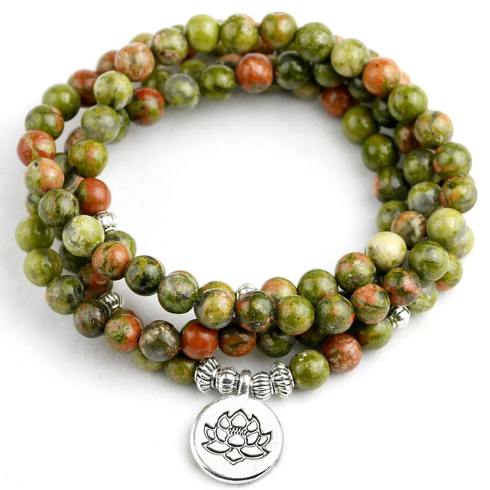 108 Mala Beads Bracelets Natural Stone Chinese Unakite OM Lotus Buddha Charm Bracelets Men Women Yoga Jewelry
