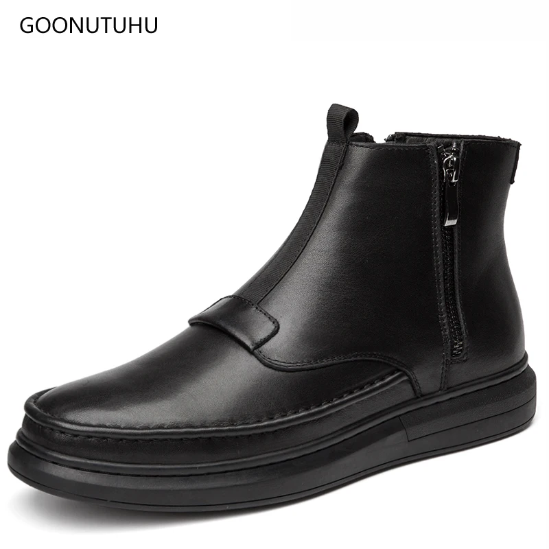 

2019 Fashion men's boots casual shoes genuine leather work boot zipper classic black shoe man youth ankle military boots for men
