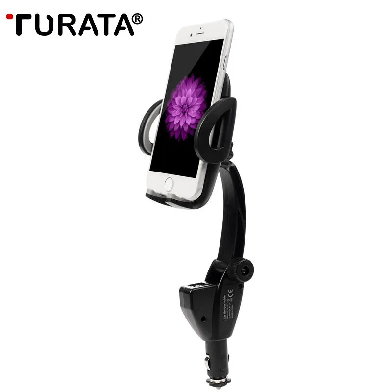 TURATA Universal Dual USB Car Charger Holder 5V/3A 2 in 1 Cigarette Lighter Mount Mobile Phone Holder For Samsung Smartphone