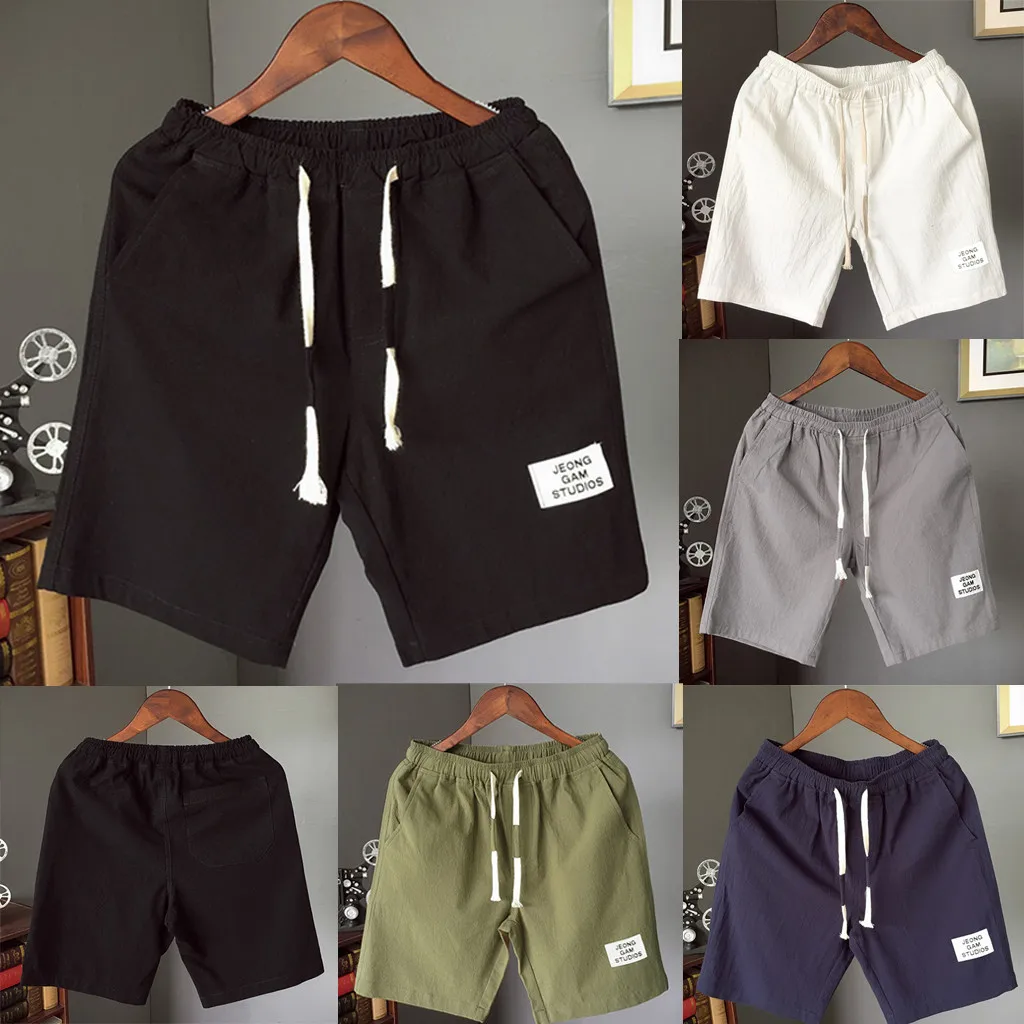

2019 New Shorts Men Summer Fashion Leisure Flax Large Size Loose Belt Drawstring Beach Shorts Clothing Spodenki Short Homme