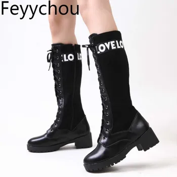 

Women Boots Autumn Winter High Heel Warm Mixed Colors Knee High Round Toe Motorcycle Shoes Zip 2018 Sexy Fashion Casual Black