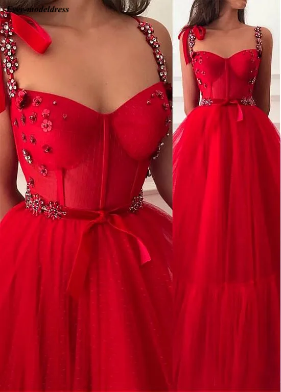 

Red Prom Dresses 2019 Floor Length A-Line 3D Flowers Crystal Sashes Zipper Back Formal Party Dresses Vestidos De Festa Cheap